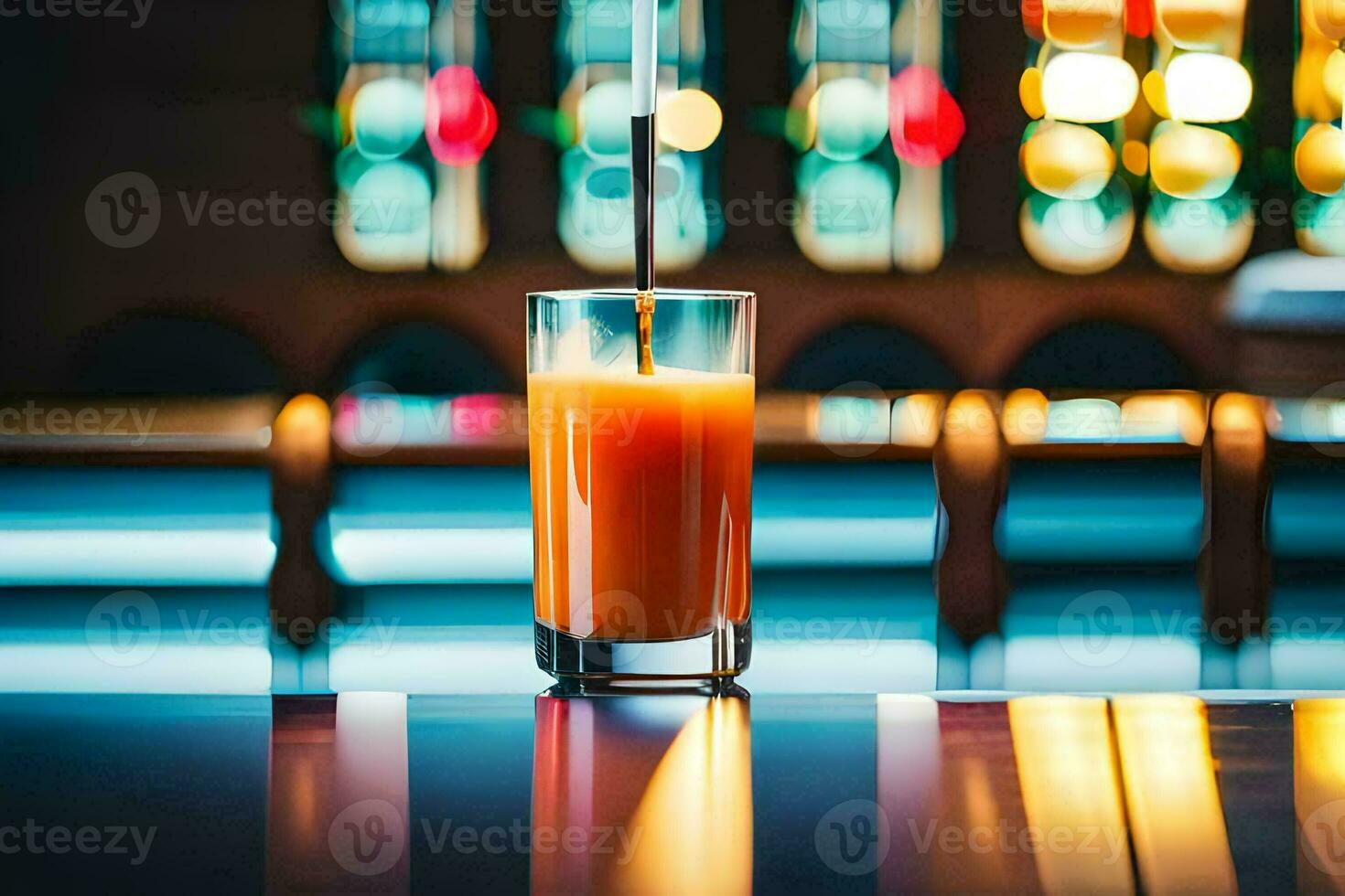 een glas van oranje sap zittend Aan een bar. ai-gegenereerd foto