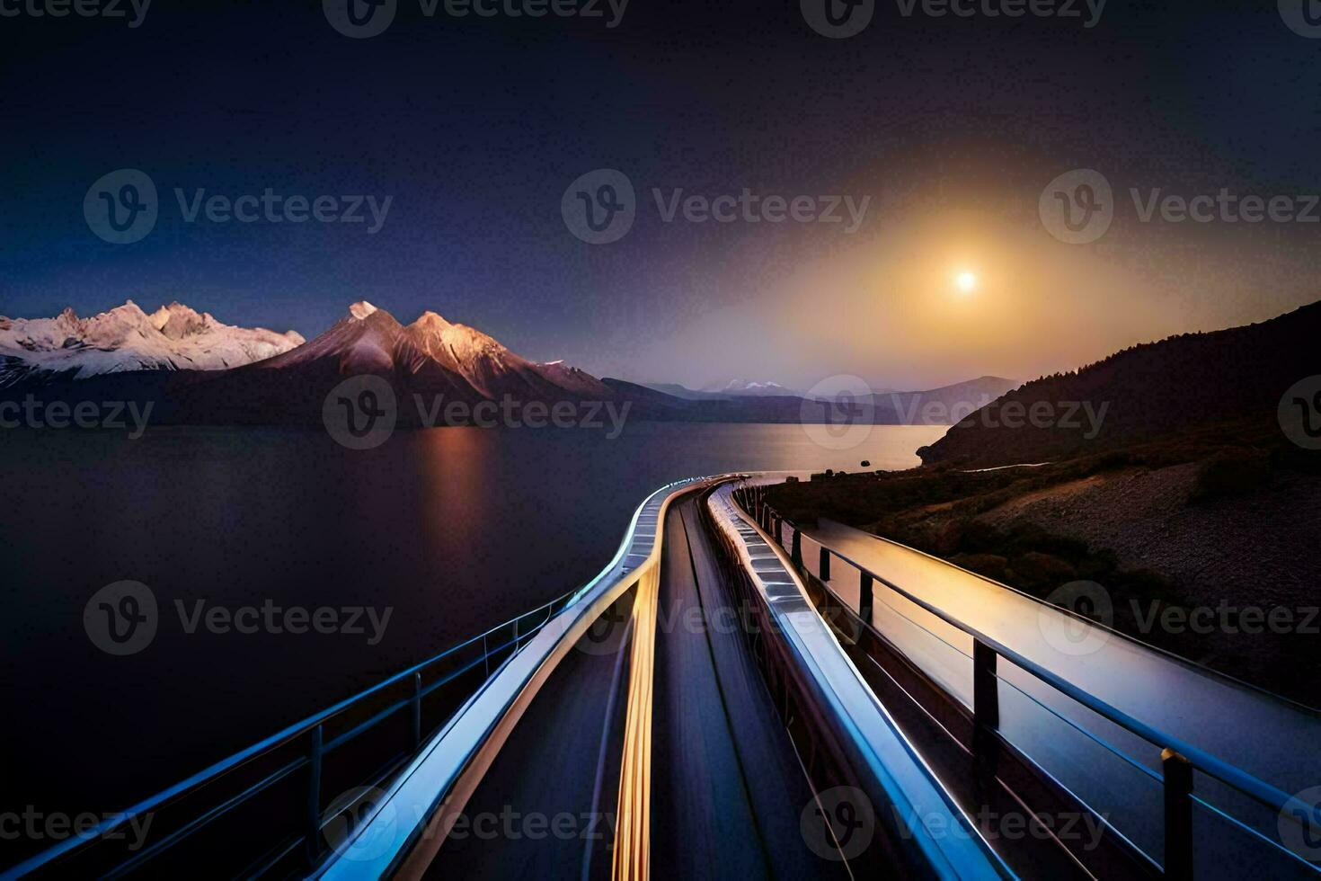 een trein gaan over- een brug met een berg in de achtergrond. ai-gegenereerd foto