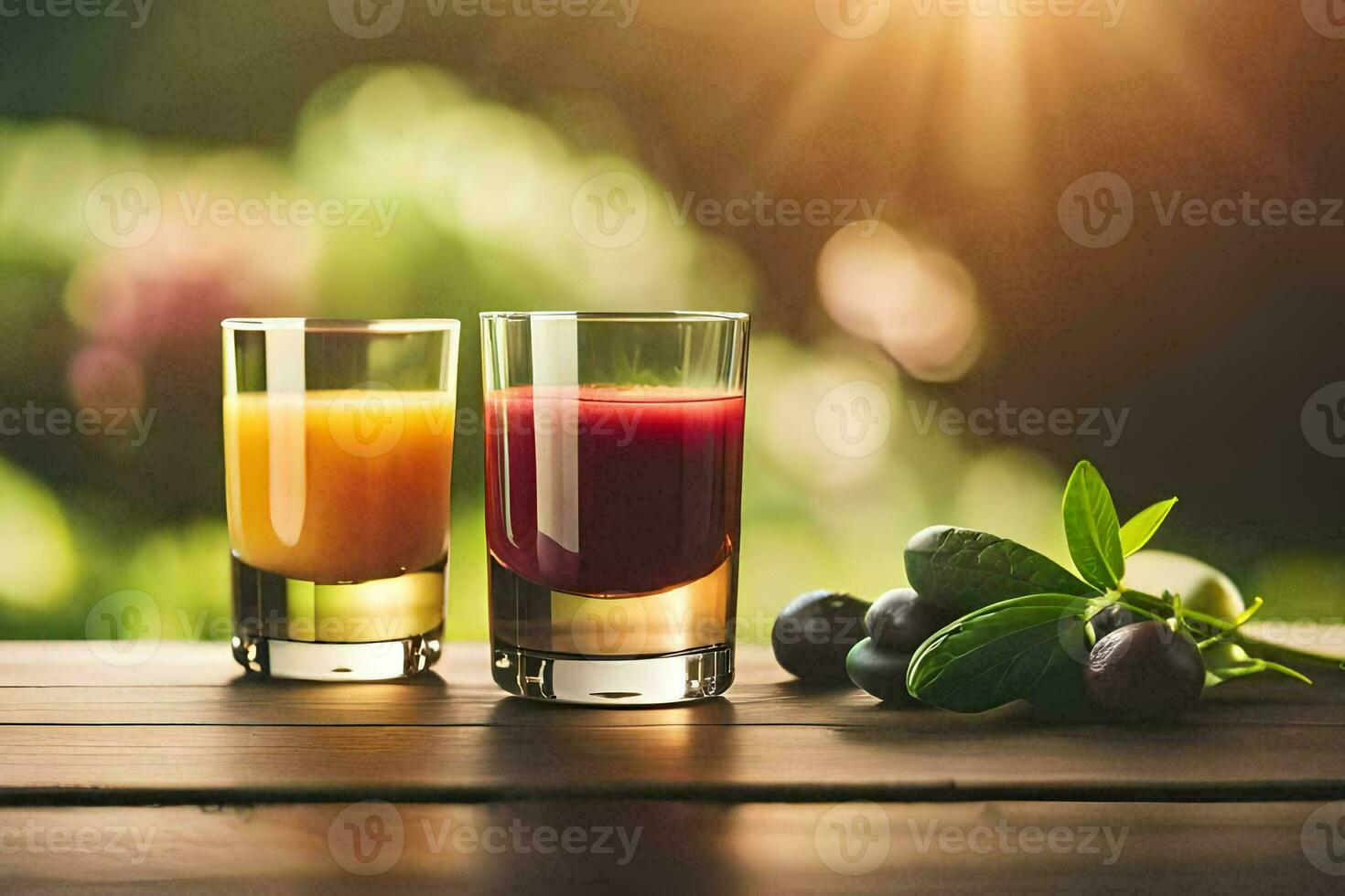 twee bril van sap Aan een houten tafel. ai-gegenereerd foto