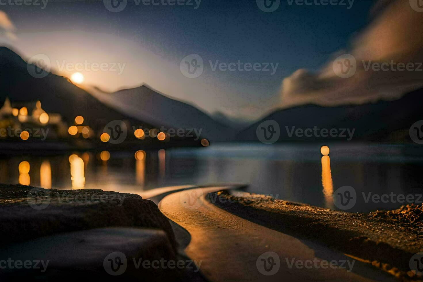 foto behang de lucht, bergen, meer, de maan, de licht, de water, de. ai-gegenereerd