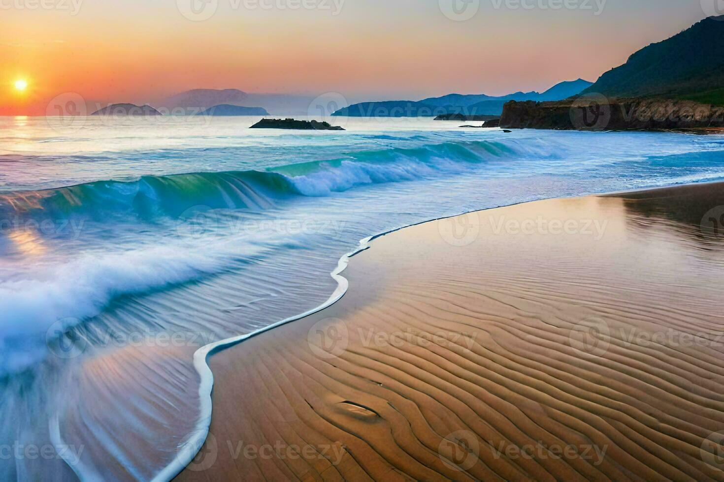 een mooi zonsondergang Aan de strand met golven. ai-gegenereerd foto