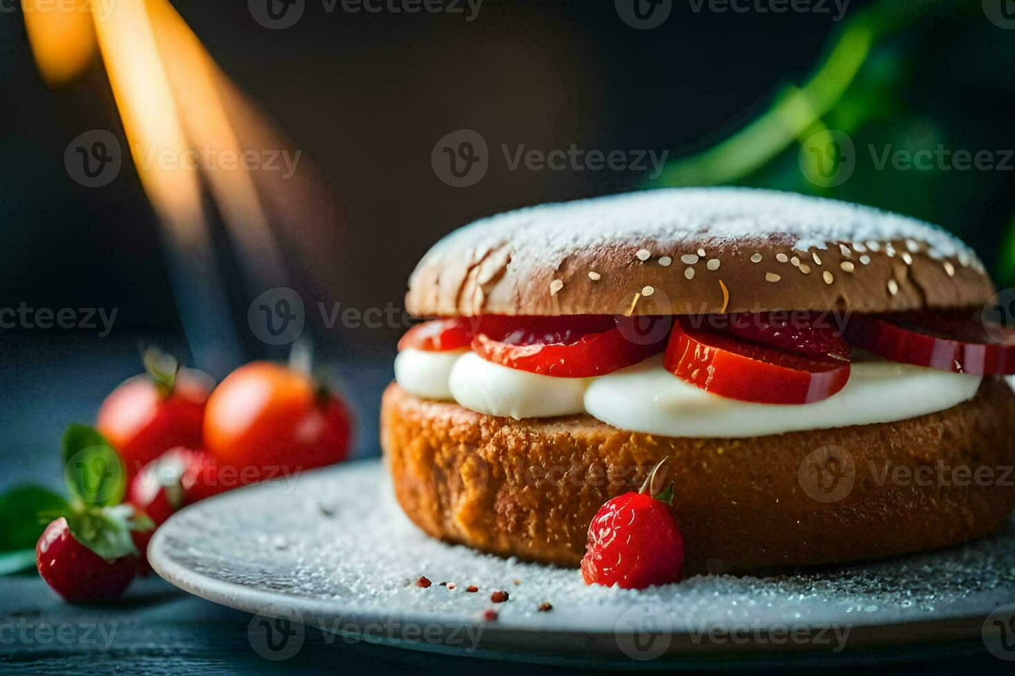 een aardbei belegd broodje met room en aardbeien Aan een bord. ai-gegenereerd foto