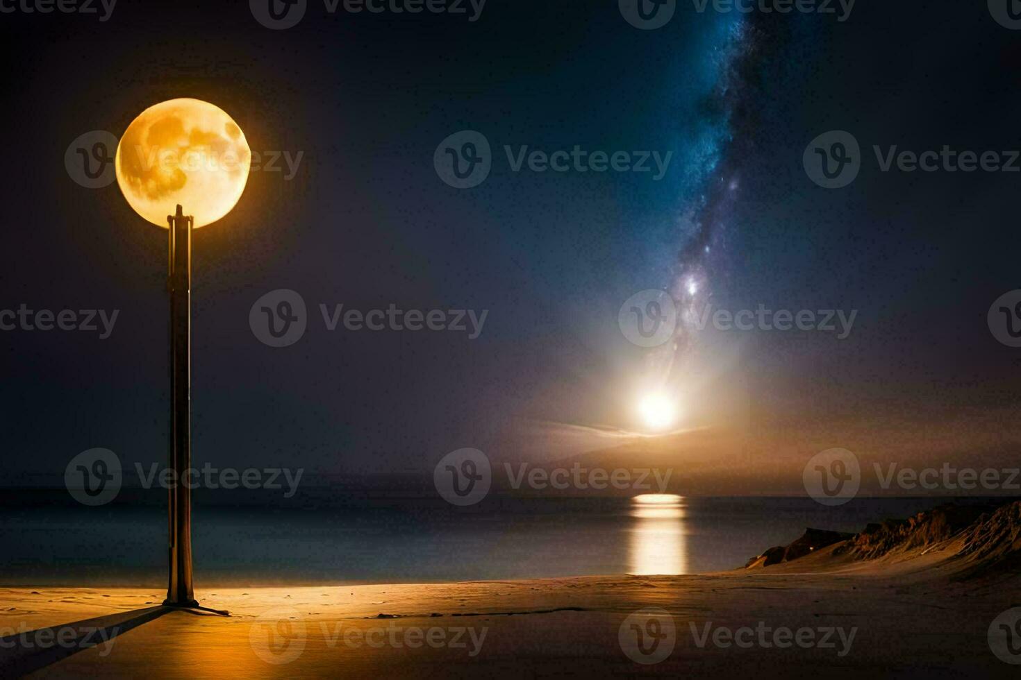 een straat licht Aan de strand Bij nacht met de maan in de lucht. ai-gegenereerd foto