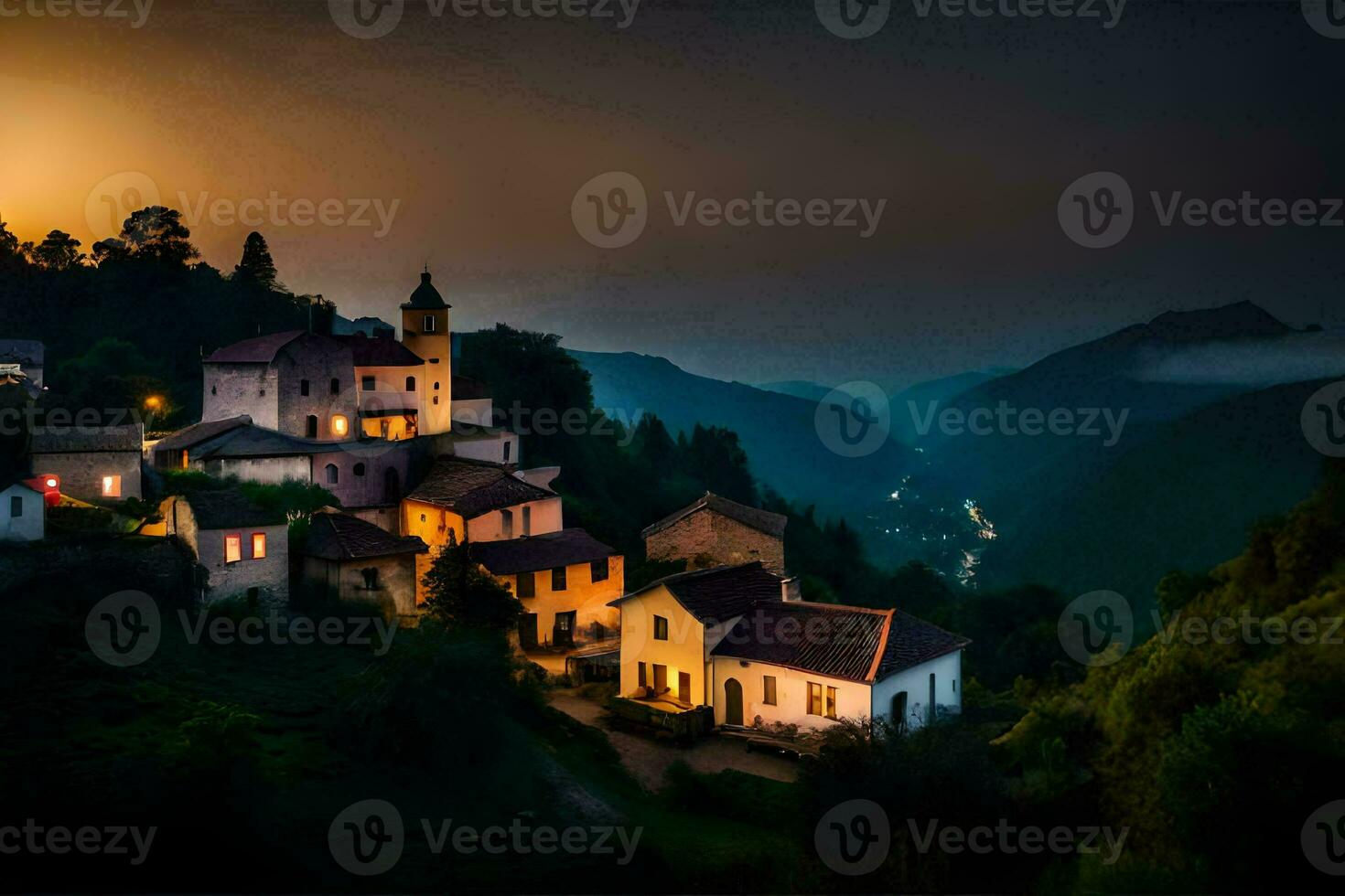 foto behang de lucht, bergen, dorp, zonsondergang, de dorp, de dorp, de dorp. ai-gegenereerd