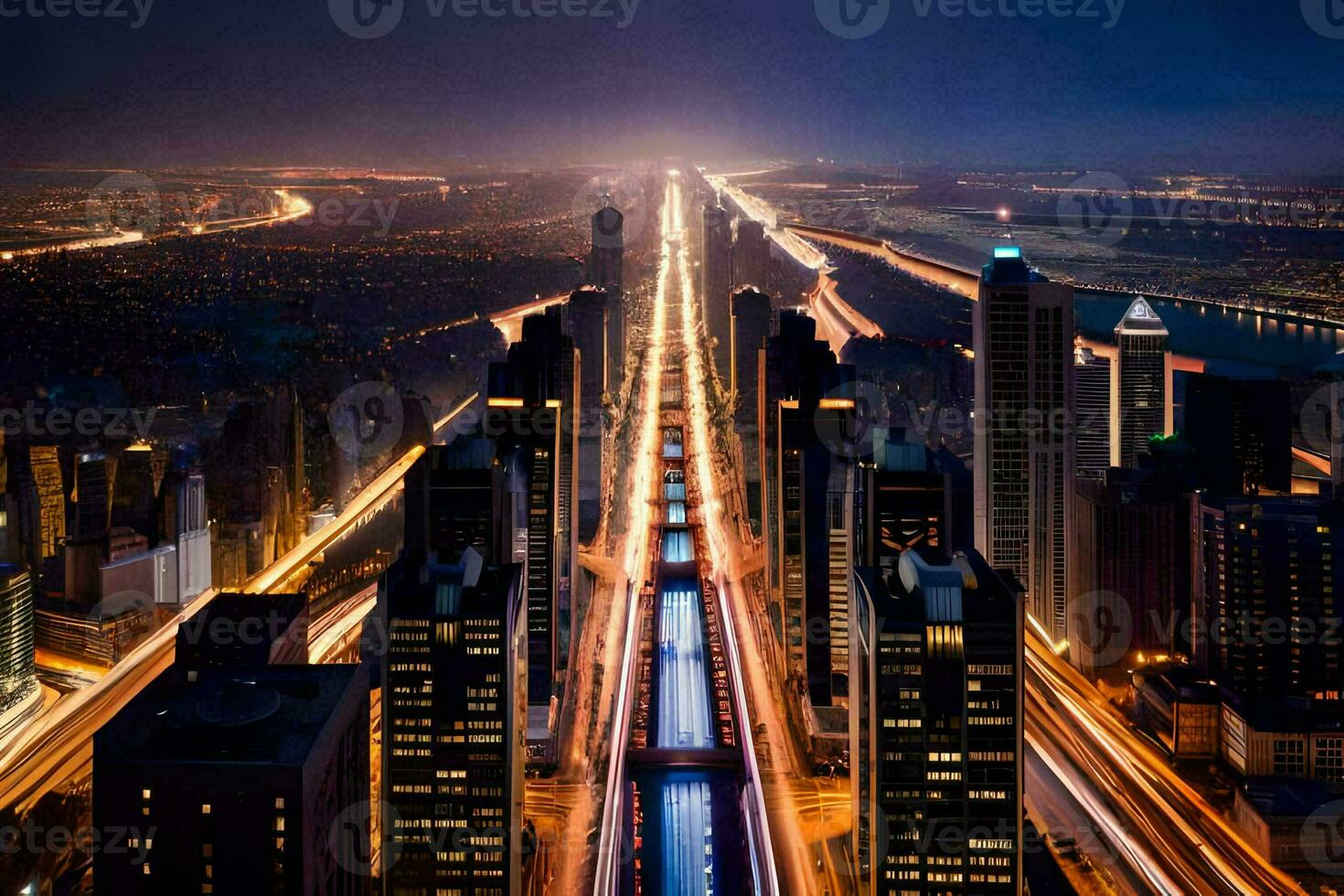 een stad Bij nacht met verkeer lichten en gebouwen. ai-gegenereerd foto