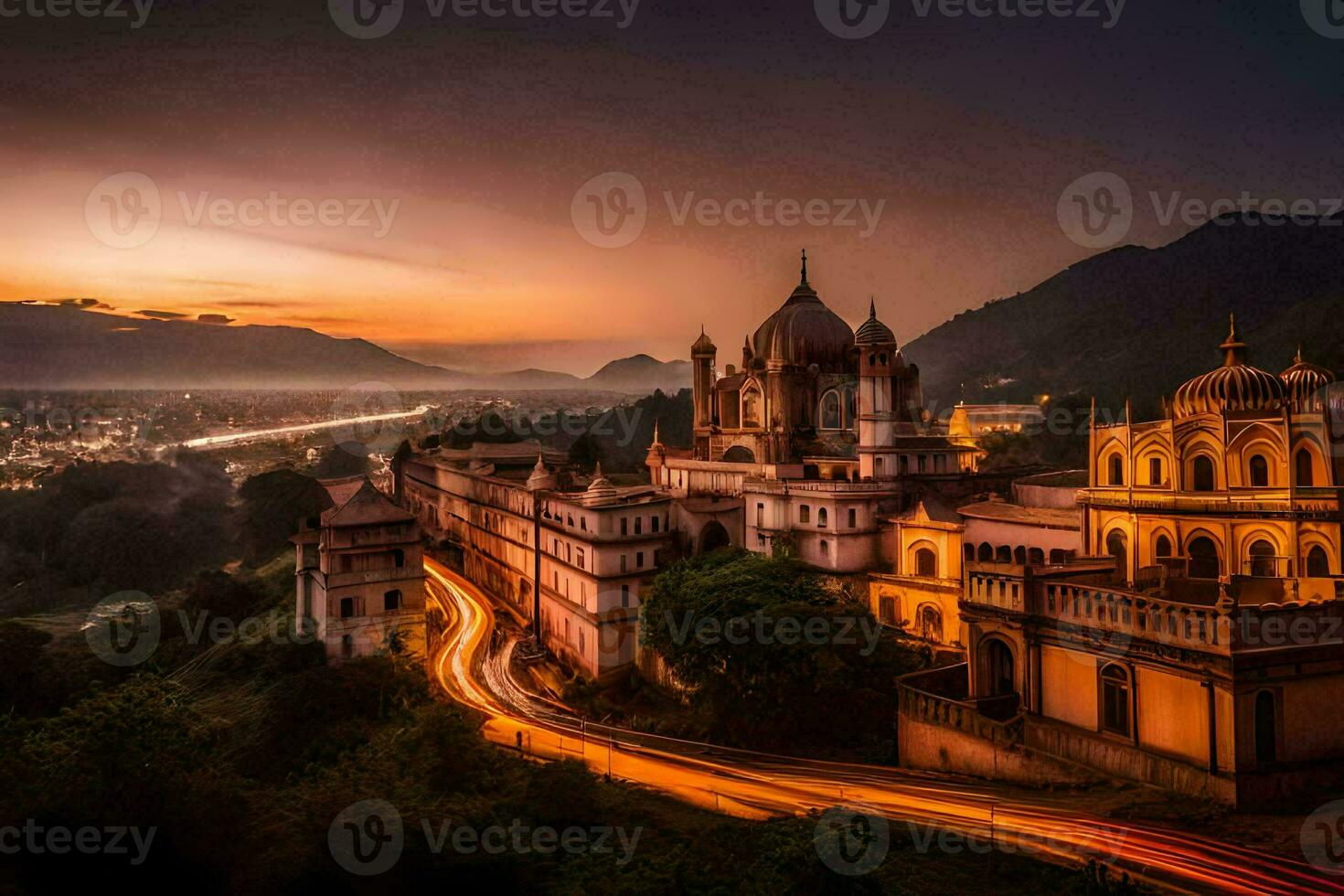 de zonsondergang over- de stad van udaipur. ai-gegenereerd foto