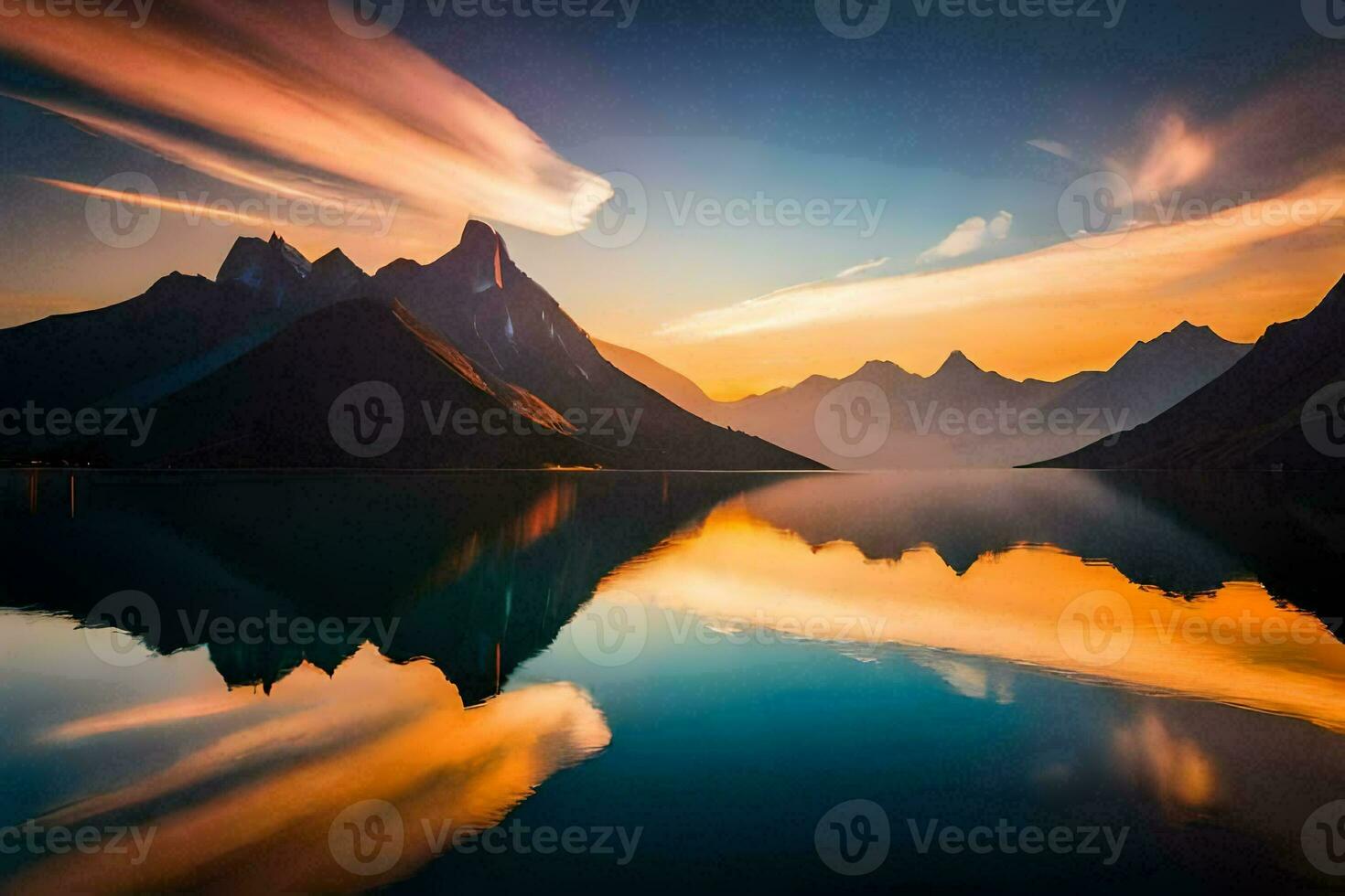 de bergen zijn weerspiegeld in de water Bij zonsondergang. ai-gegenereerd foto