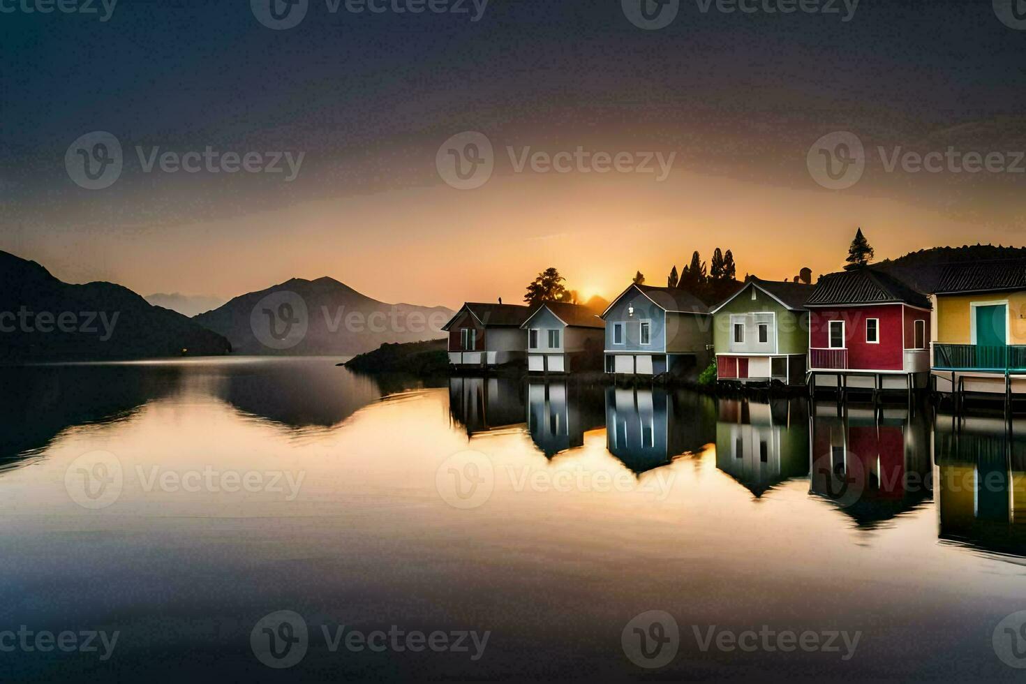 kleurrijk huizen Aan de water Bij zonsondergang. ai-gegenereerd foto