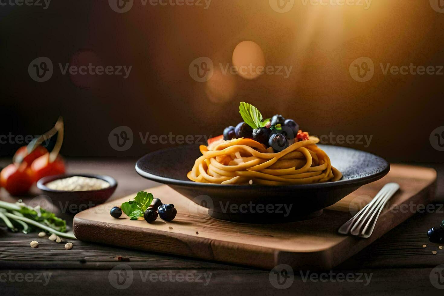 spaghetti met tomaten en basilicum Aan een houten tafel. ai-gegenereerd foto