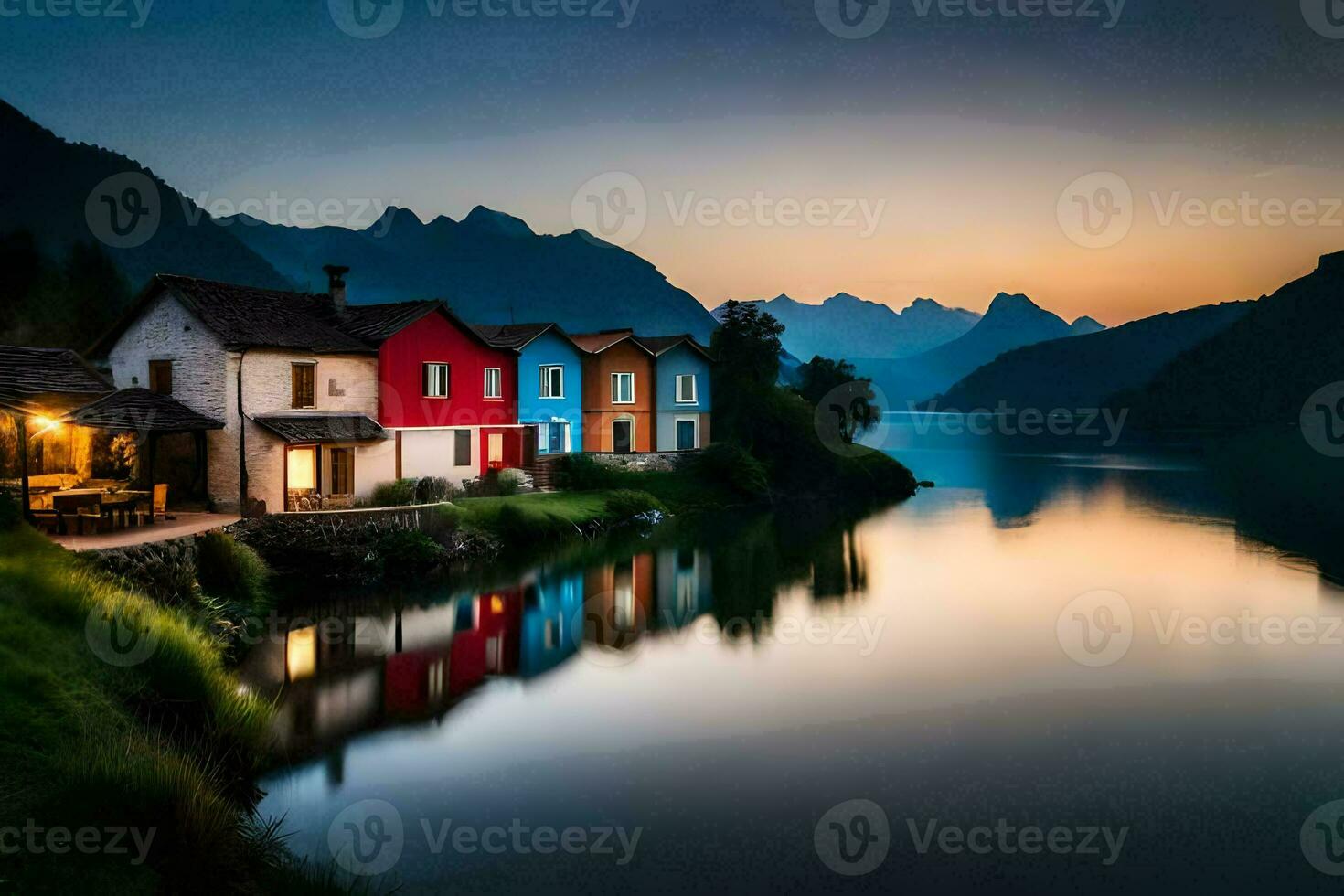 foto behang de lucht, bergen, meer, huis, de lucht, de bergen, de meer. ai-gegenereerd