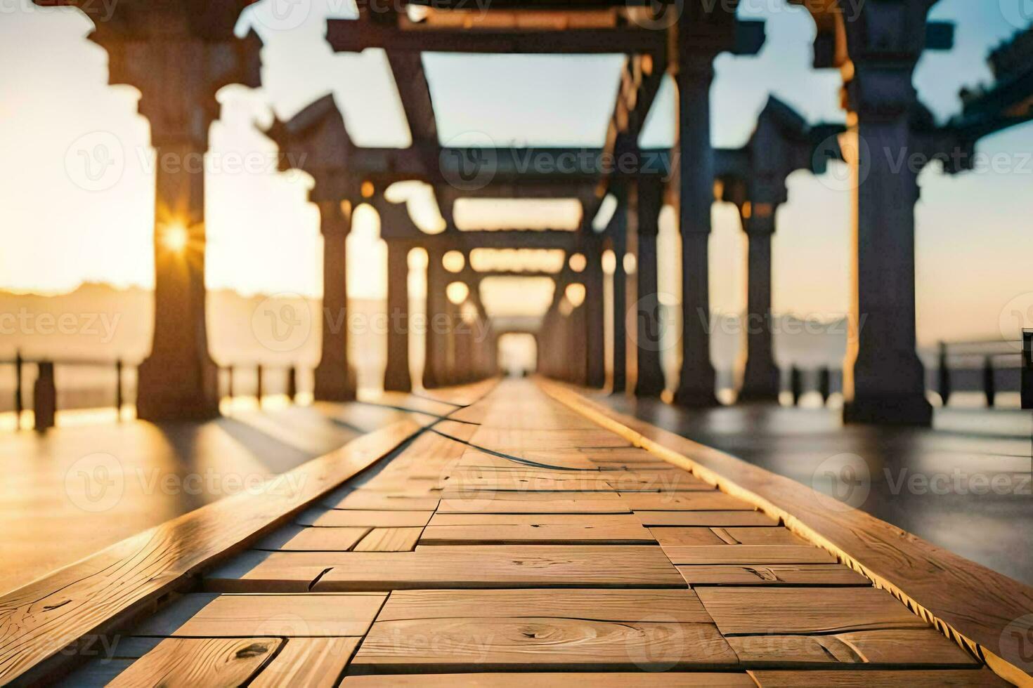 een lang houten loopbrug met pijlers in de achtergrond. ai-gegenereerd foto