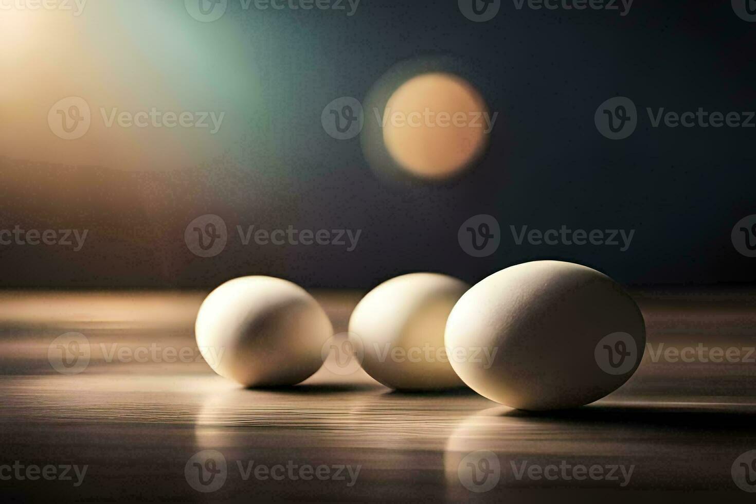 drie wit eieren Aan een tafel met een licht achter hen. ai-gegenereerd foto