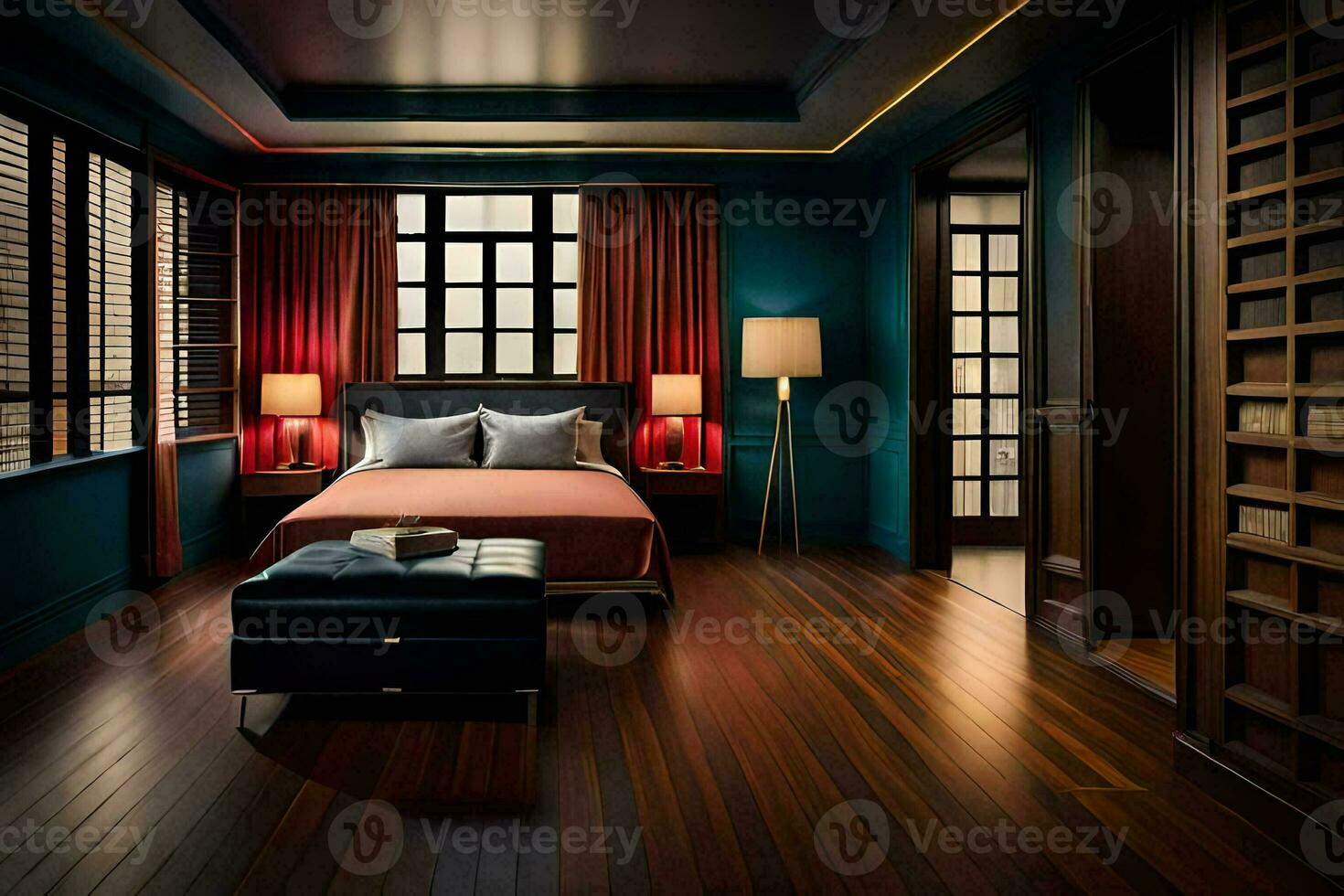 een slaapkamer met donker hout vloeren en blauw muren. ai-gegenereerd foto