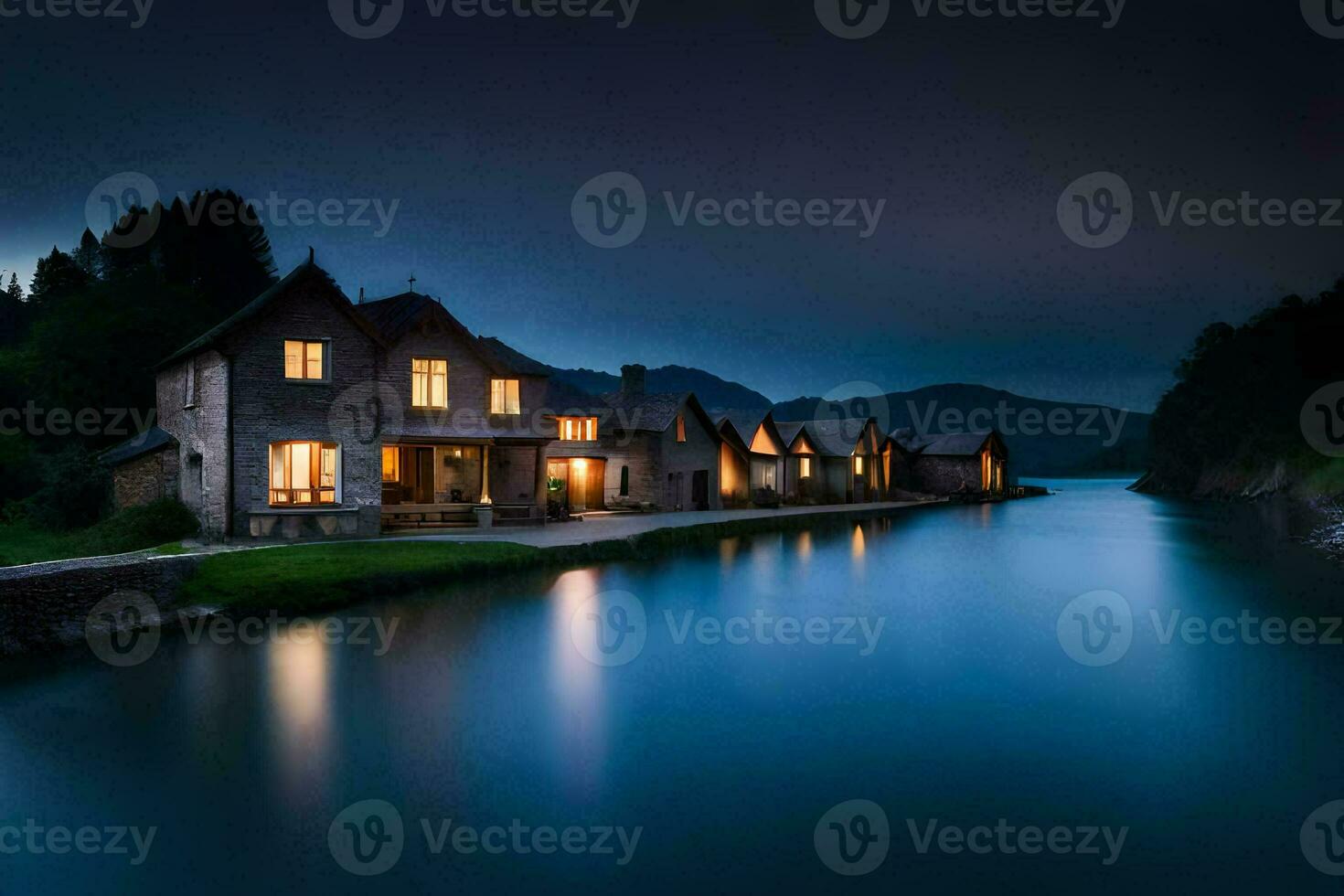 een huis Aan de rivier- Bij nacht. ai-gegenereerd foto