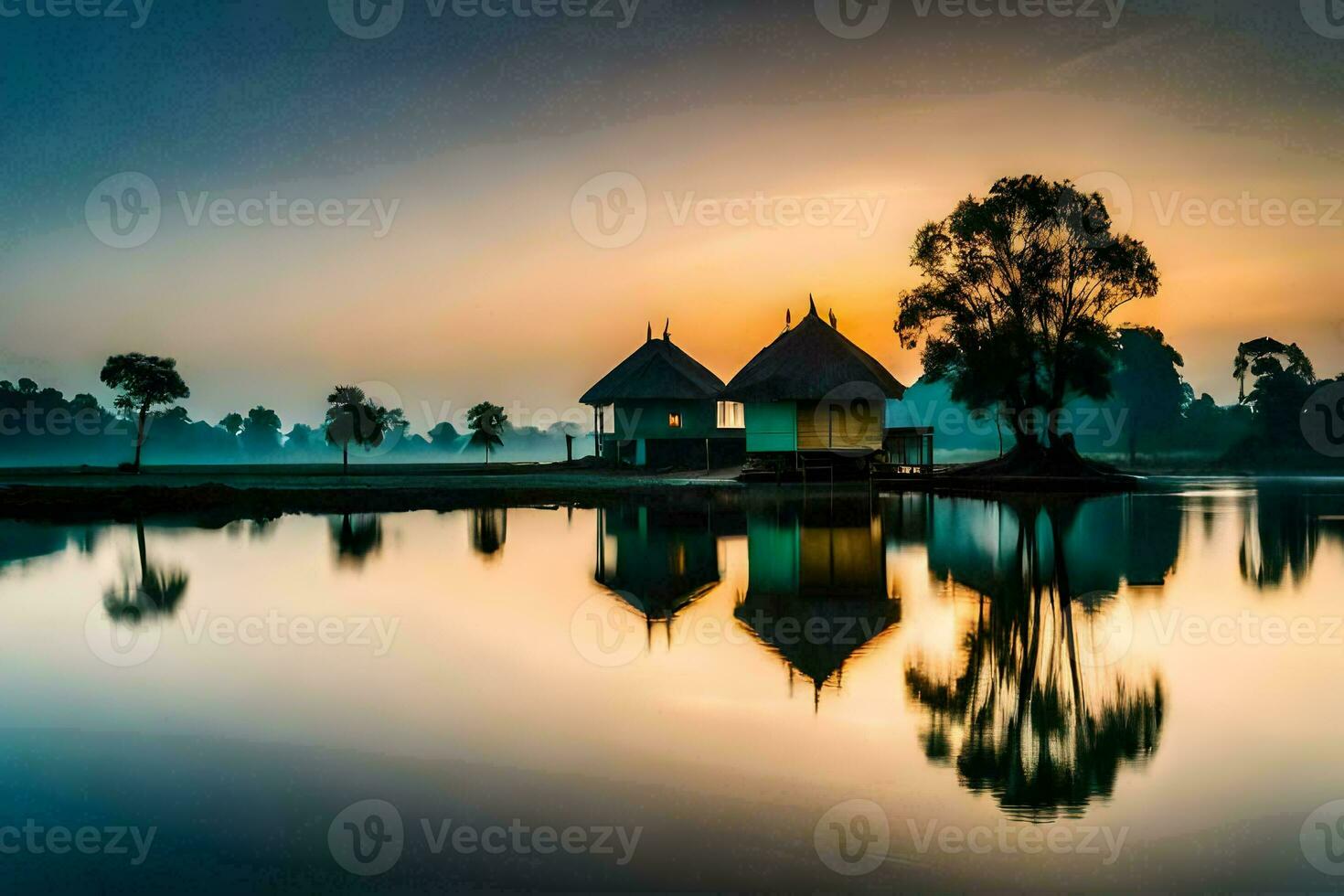 een meer met twee hutten en bomen Bij zonsondergang. ai-gegenereerd foto