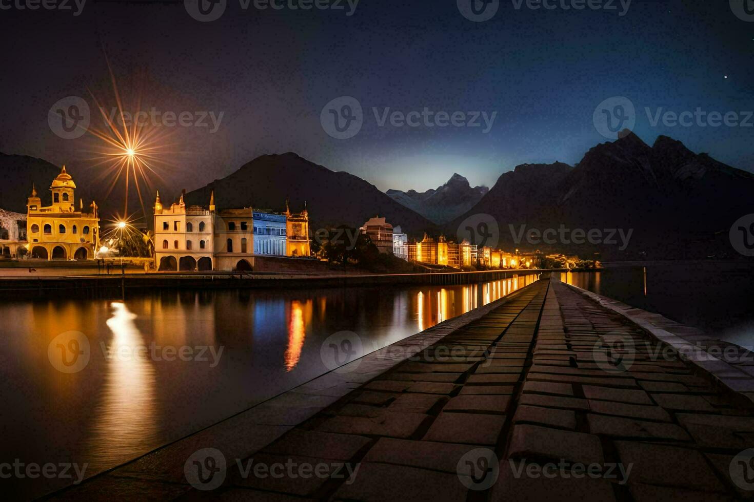 een stad Bij nacht met bergen in de achtergrond. ai-gegenereerd foto