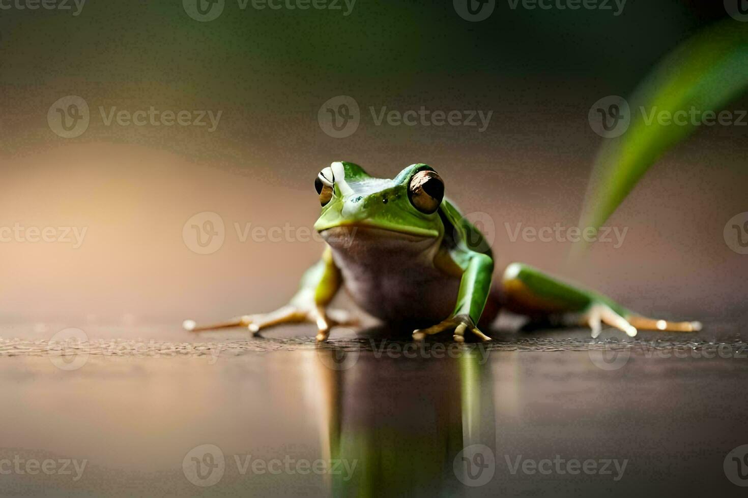 een kikker zittend Aan een oppervlakte met een groen achtergrond. ai-gegenereerd foto