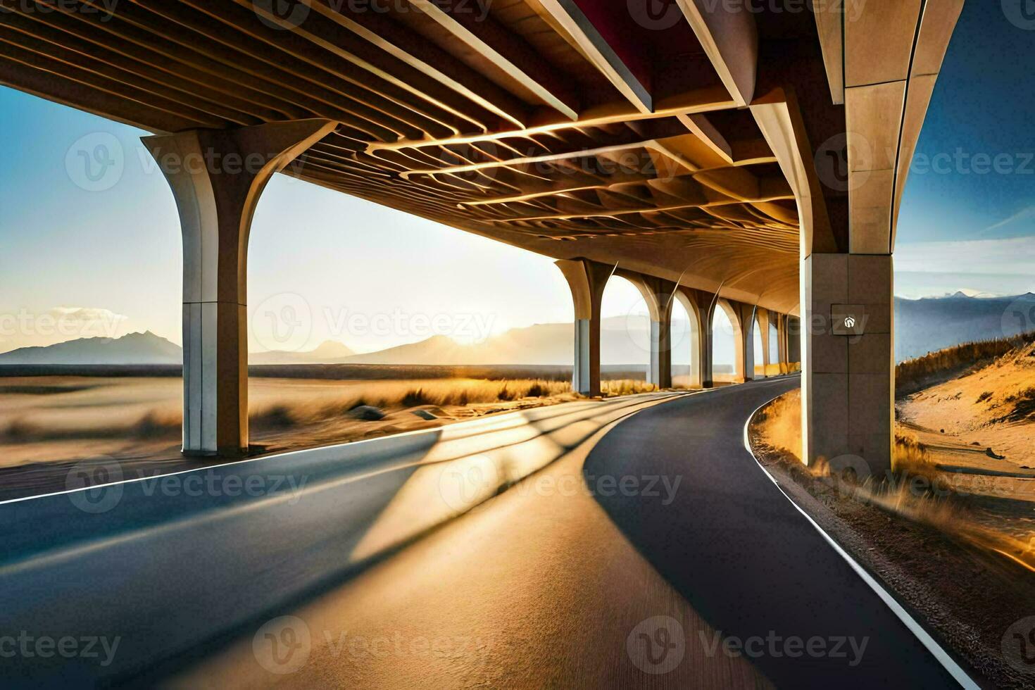 een snelweg onder een brug met een zonsondergang in de achtergrond. ai-gegenereerd foto