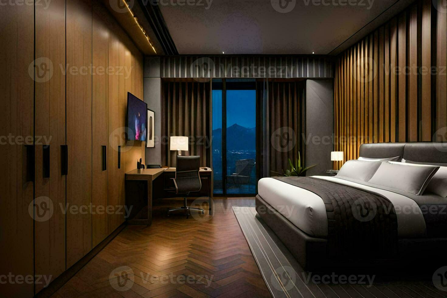 een modern hotel kamer met houten muren en een bed. ai-gegenereerd foto
