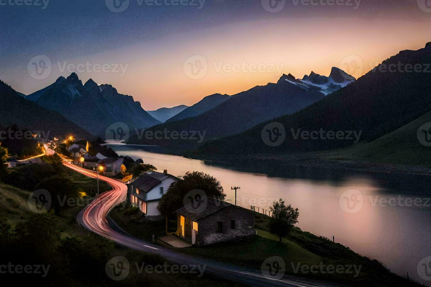 een weg loopt door een berg vallei Bij zonsondergang. ai-gegenereerd foto