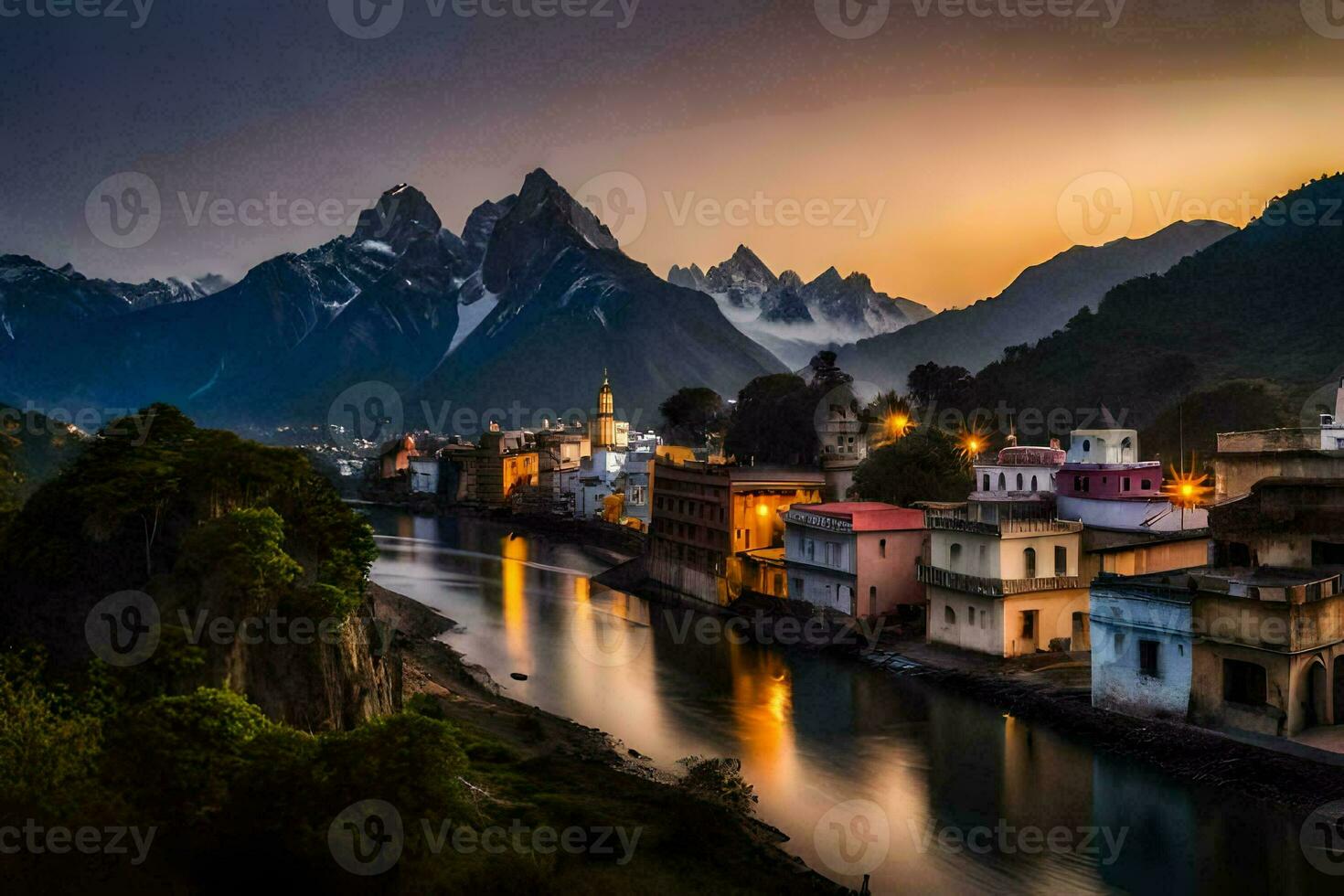 een rivier- loopt door een stad- Bij zonsondergang. ai-gegenereerd foto