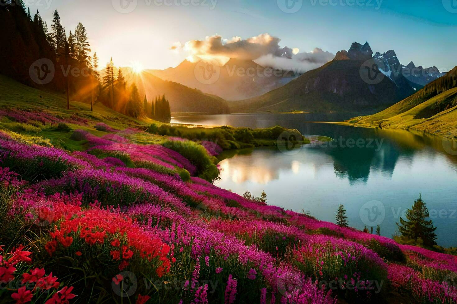 de zon stijgt over- de bergen en bloemen in de voorgrond. ai-gegenereerd foto