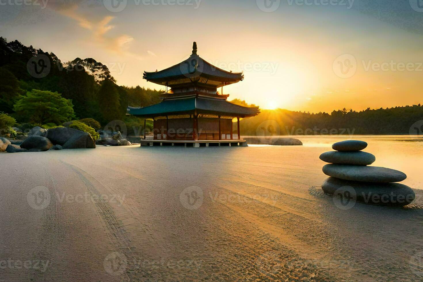 de pagode in de zonsondergang. ai-gegenereerd foto