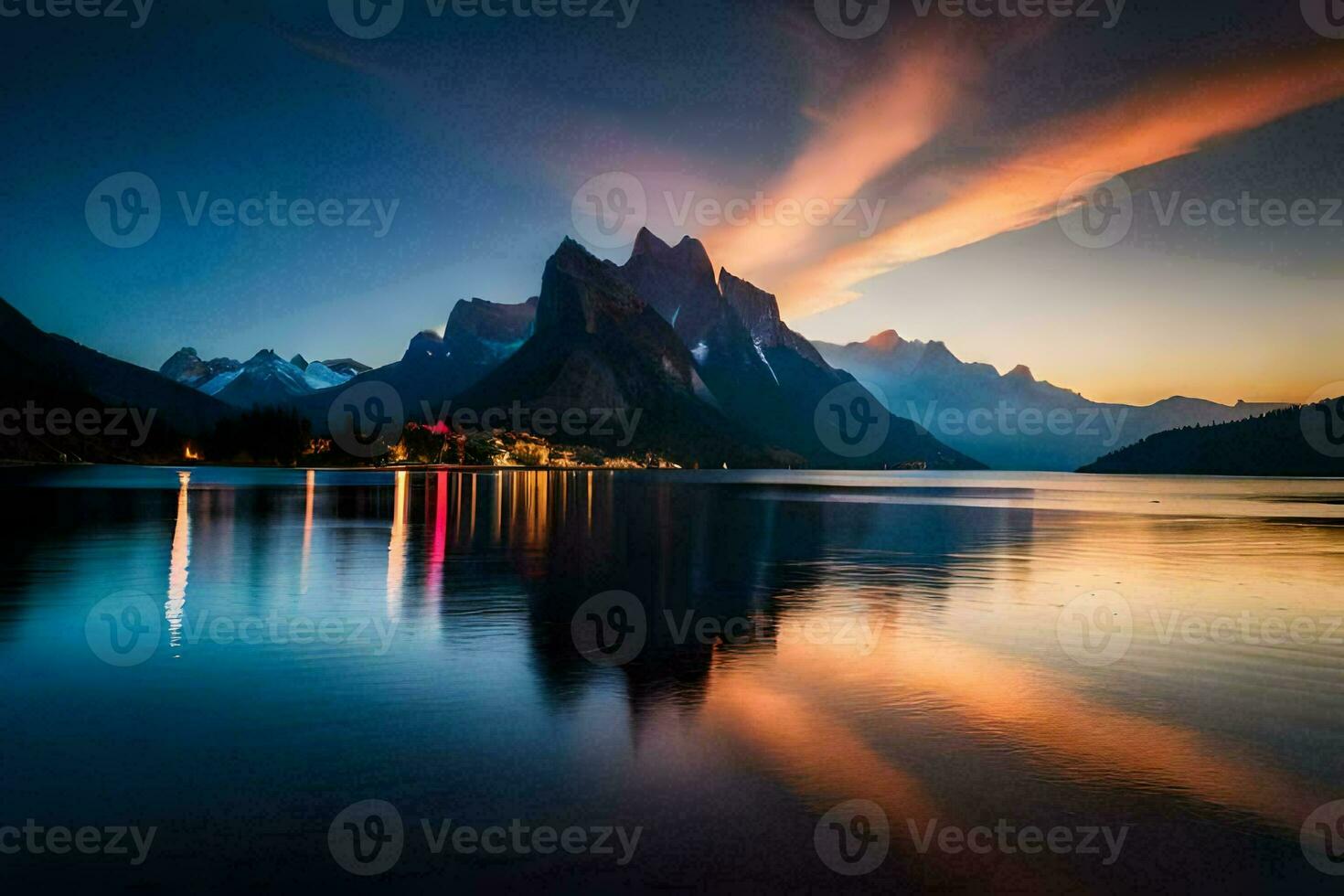 de bergen zijn weerspiegeld in de water Bij zonsondergang. ai-gegenereerd foto