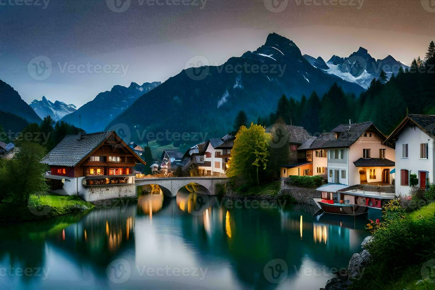 foto behang de lucht, bergen, water, huis, rivier, dorp, brug, berg,. ai-gegenereerd