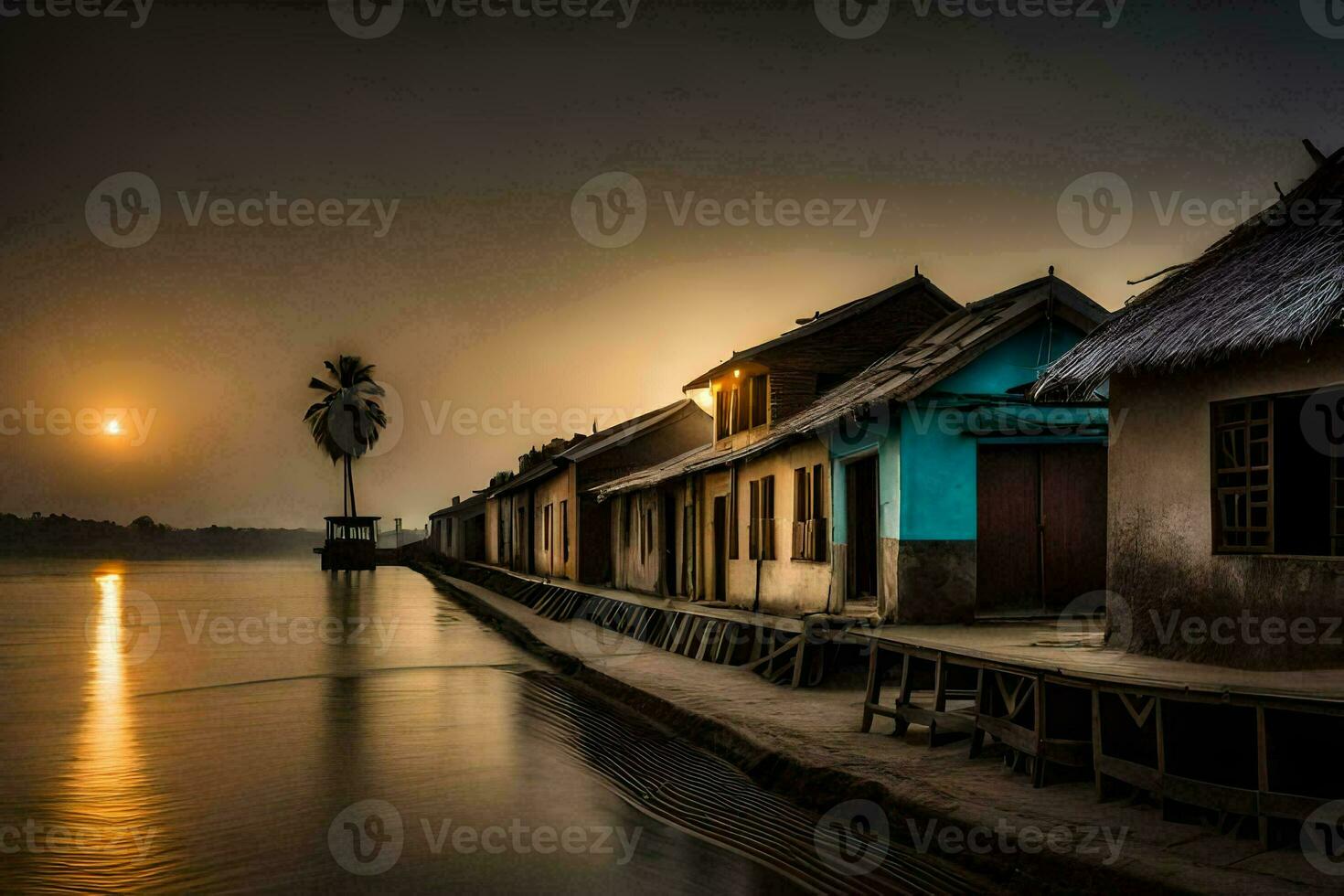 een huis Aan de water met een palm boom in de achtergrond. ai-gegenereerd foto