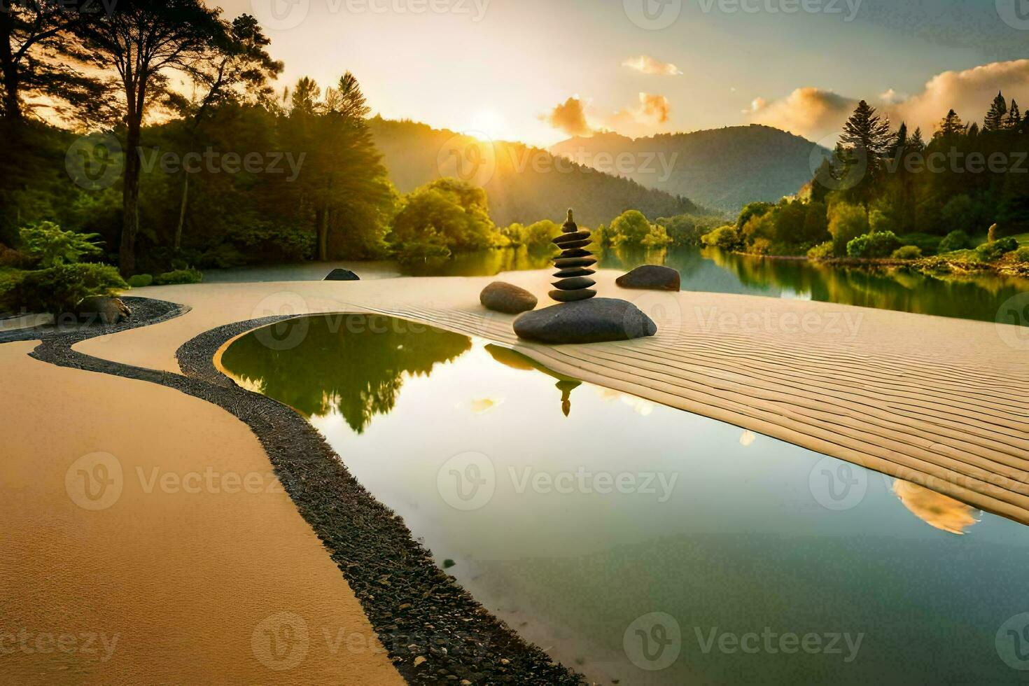 een zen tuin Bij zonsondergang. ai-gegenereerd foto