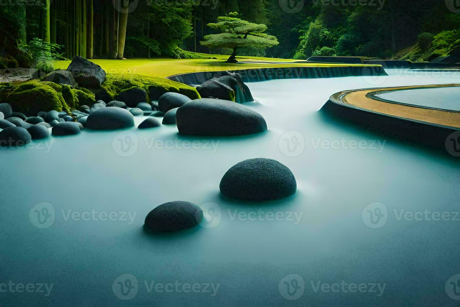 een rivier- met rotsen en bomen in de midden. ai-gegenereerd foto