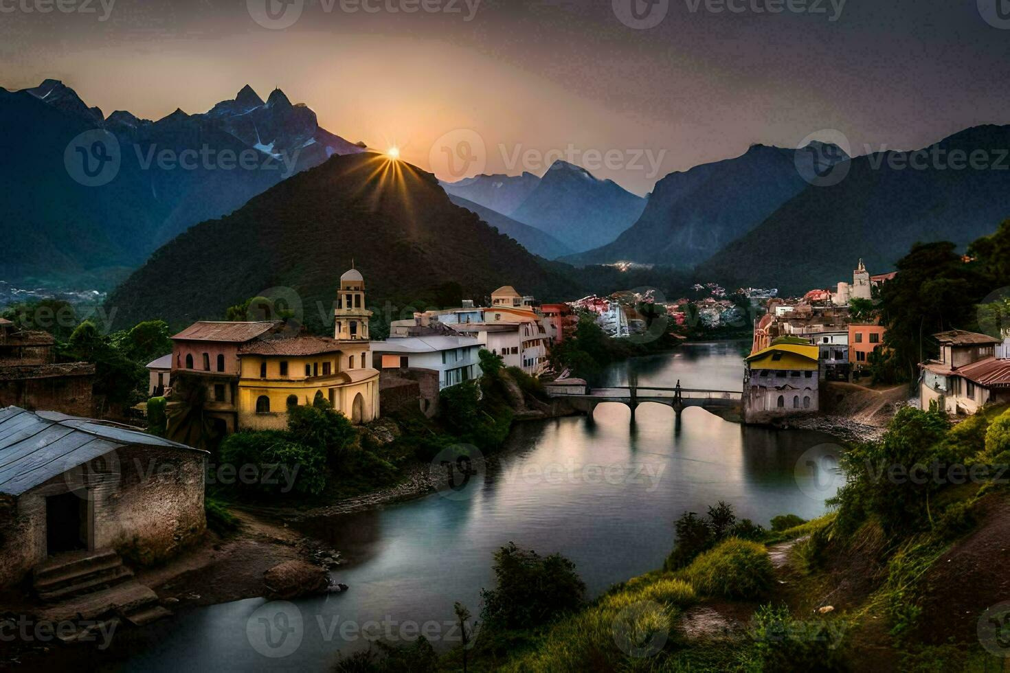 de zon sets over- een rivier- en een dorp. ai-gegenereerd foto