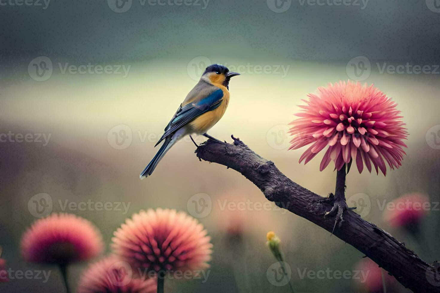 een vogel is neergestreken Aan een Afdeling in voorkant van roze bloemen. ai-gegenereerd foto