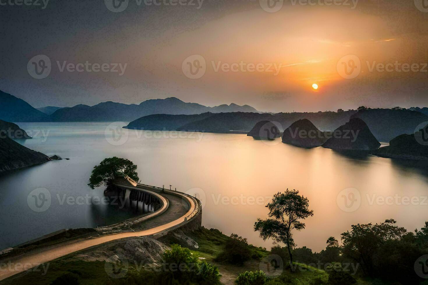 de zon sets over- de water en bergen in Vietnam. ai-gegenereerd foto