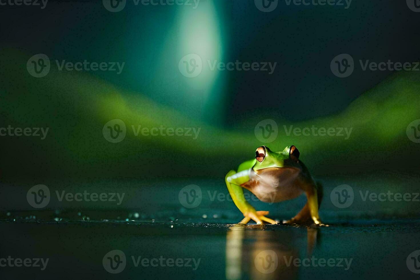 een kikker staand Aan een nat oppervlakte met een groen achtergrond. ai-gegenereerd foto