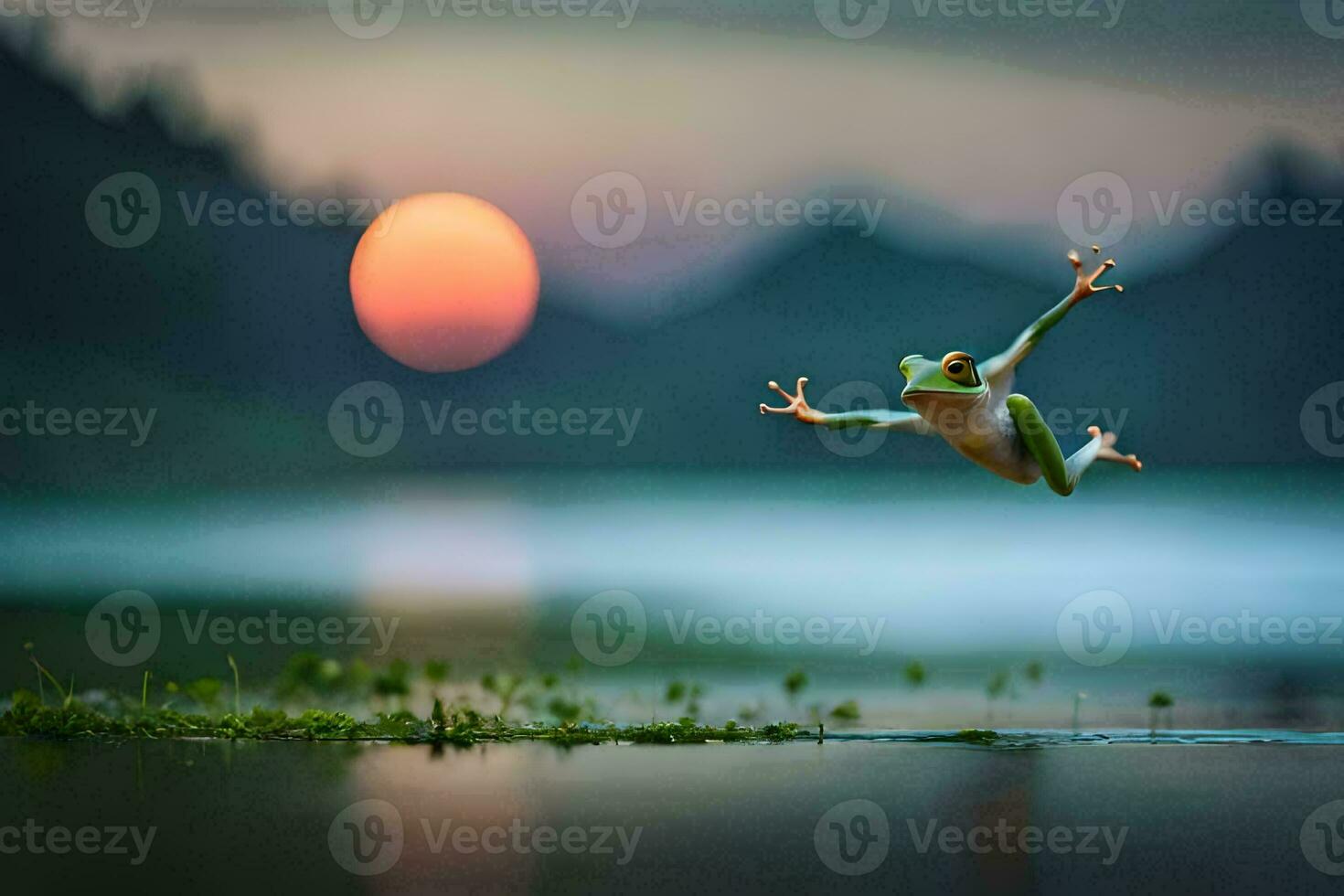 een kikker jumping in de lucht Bij zonsondergang. ai-gegenereerd foto