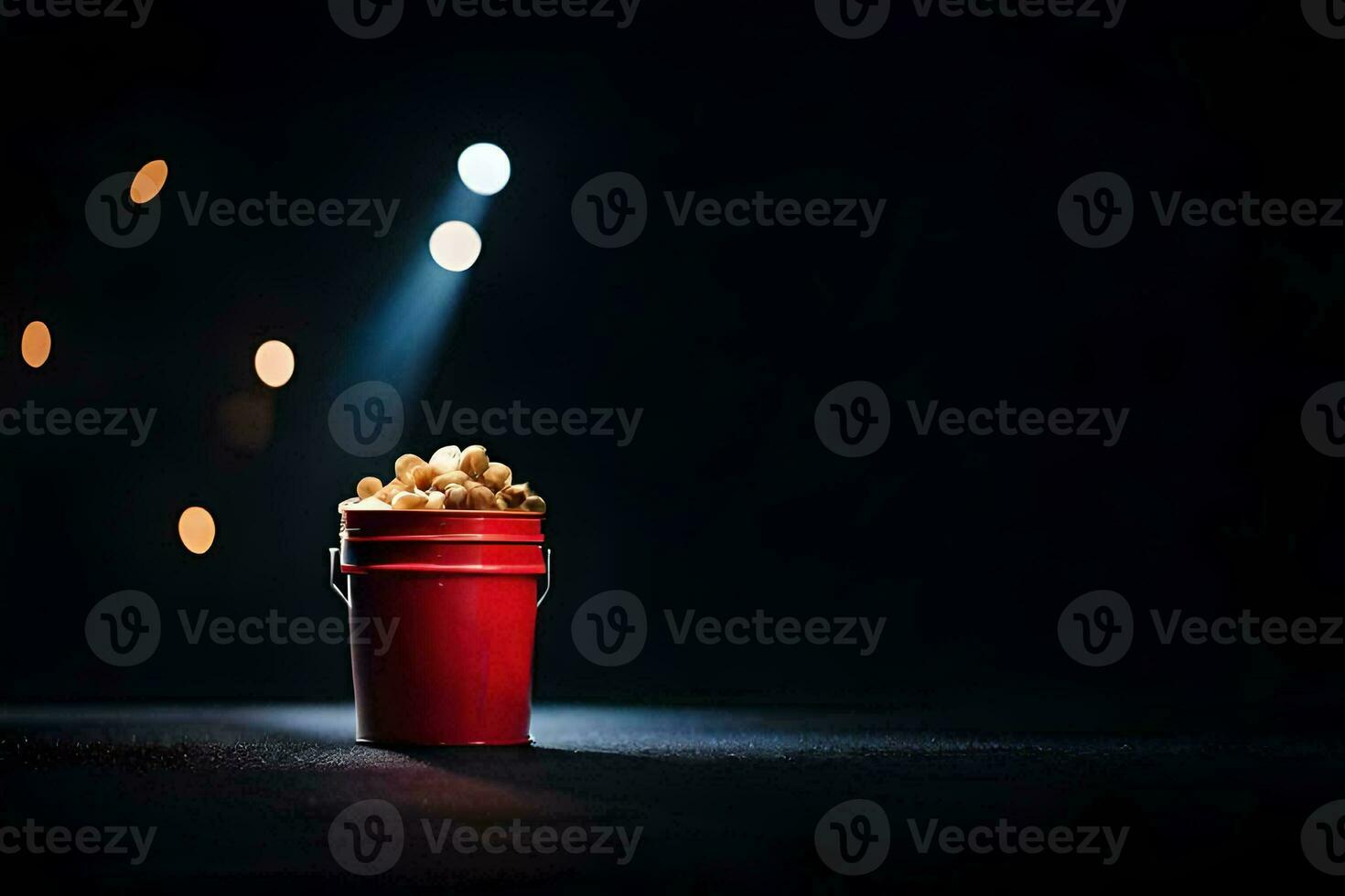 een emmer van popcorn Aan een donker tafel met lichten. ai-gegenereerd foto