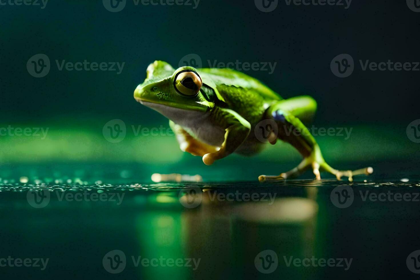 een kikker is staand Aan een donker oppervlak. ai-gegenereerd foto