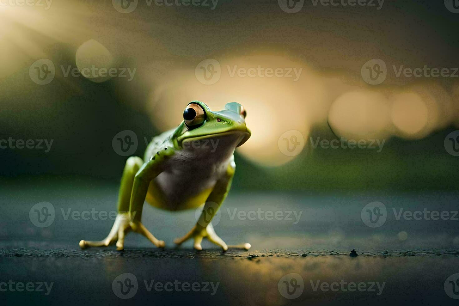 een kikker is staand Aan de grond met een wazig achtergrond. ai-gegenereerd foto