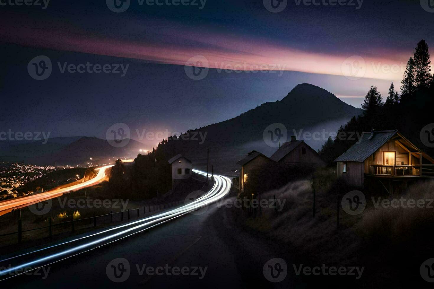 een lang blootstelling foto van een weg en huizen in de bergen. ai-gegenereerd