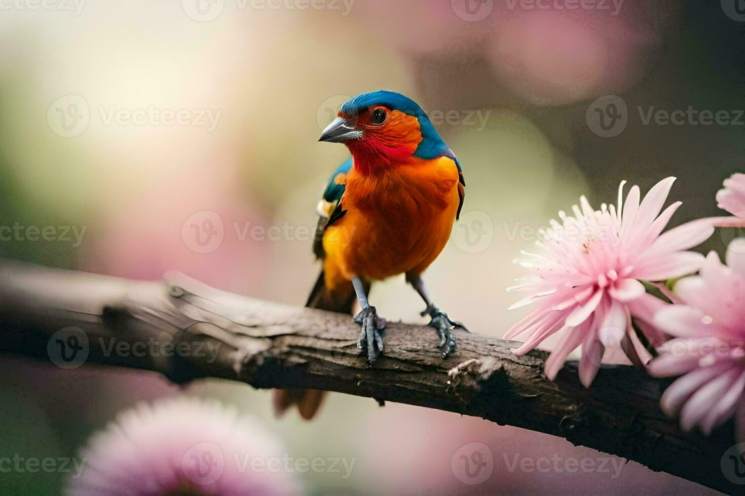 een kleurrijk vogel zit Aan een Afdeling met roze bloemen. ai-gegenereerd foto