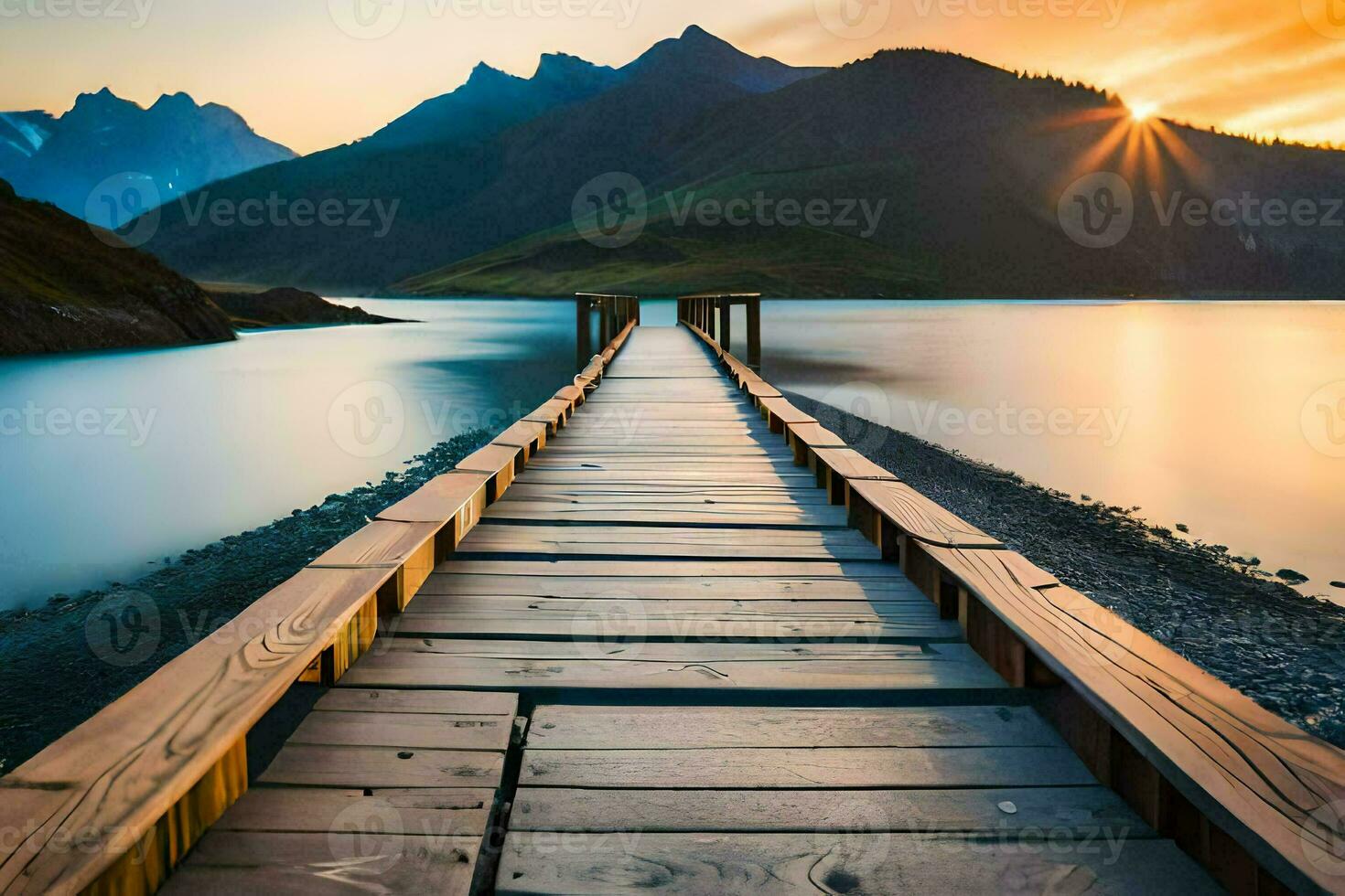 een houten pier strekt zich uit uit in de water Bij zonsondergang. ai-gegenereerd foto