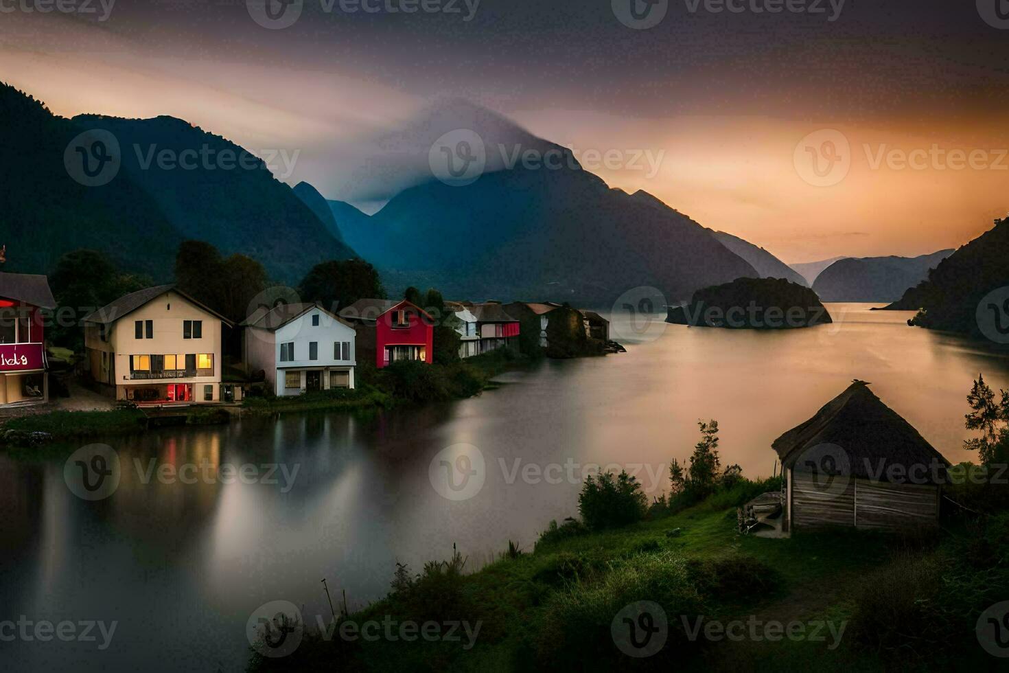 foto behang de lucht, bergen, water, huizen, Noorwegen, de zonsondergang, de bergen. ai-gegenereerd