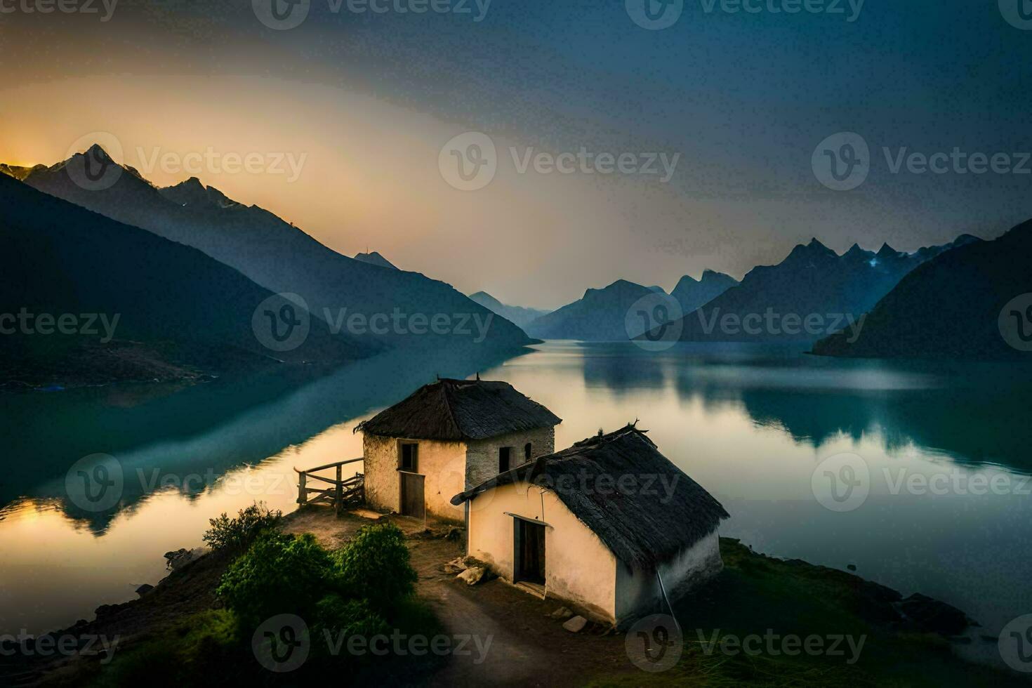 een klein huis zit Aan de rand van een meer Bij zonsondergang. ai-gegenereerd foto