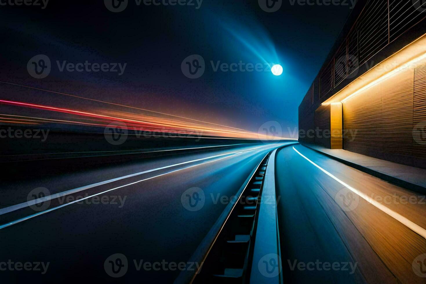 een lang blootstelling fotograaf van een trein te hard rijden naar beneden een snelweg Bij nacht. ai-gegenereerd foto