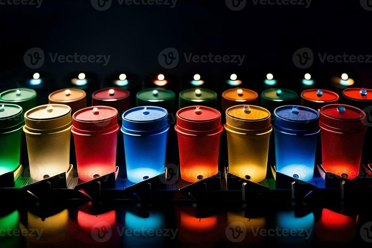 een rij van kleurrijk cups met lichten Aan hen. ai-gegenereerd foto