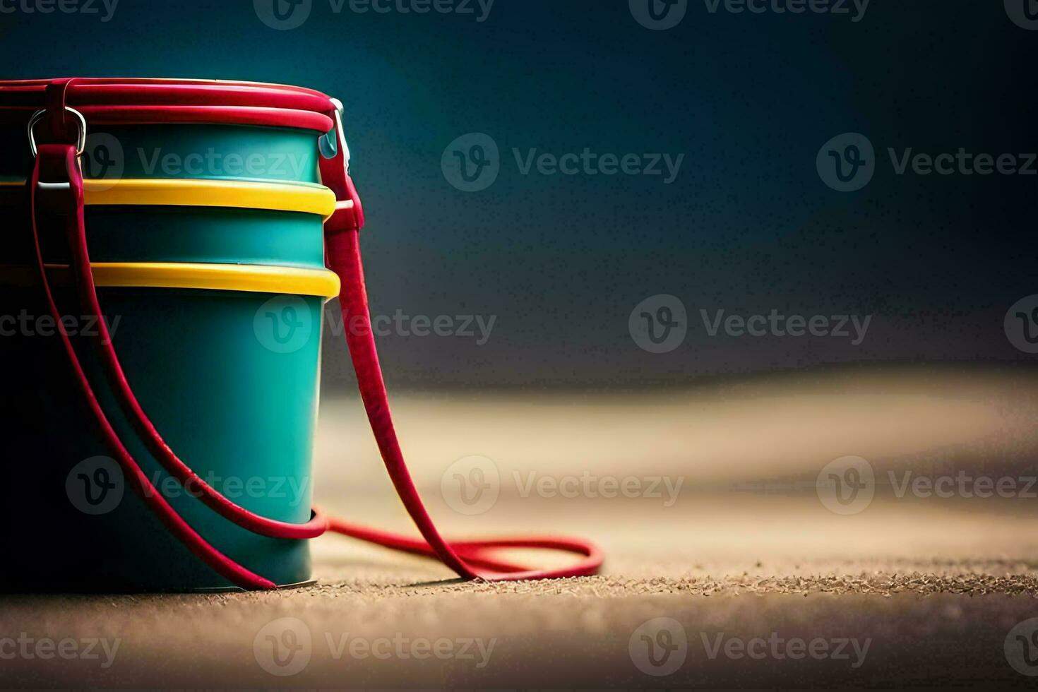 een emmer met een rood omgaan met Aan de strand. ai-gegenereerd foto