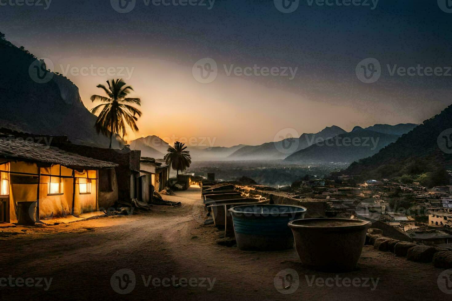 een dorp Bij zonsondergang met potten en een palm boom. ai-gegenereerd foto