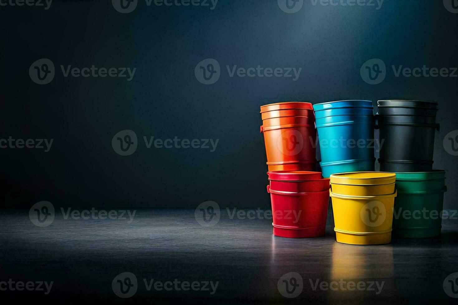 een groep van kleurrijk plastic vaten Aan een donker achtergrond. ai-gegenereerd foto